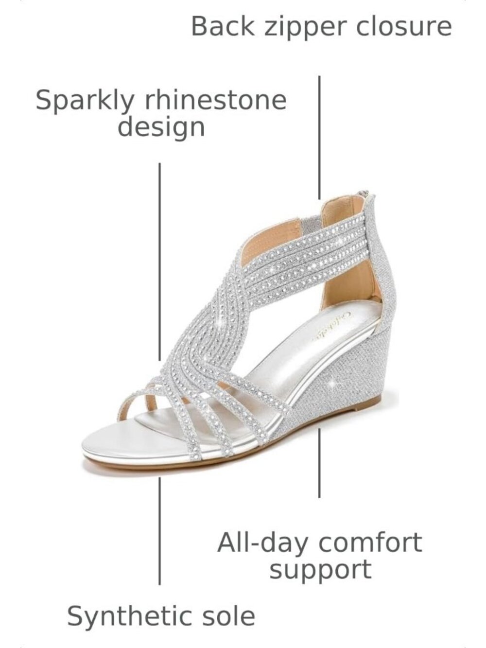 Women's Silver Sparkly Rhinestone Wedge Sandal Dressy Wedding Party Zipper Shoes - Picture 3 of 6